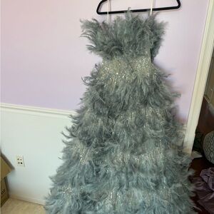 Feathered Sequin Strap Gown - Dusty Blue
